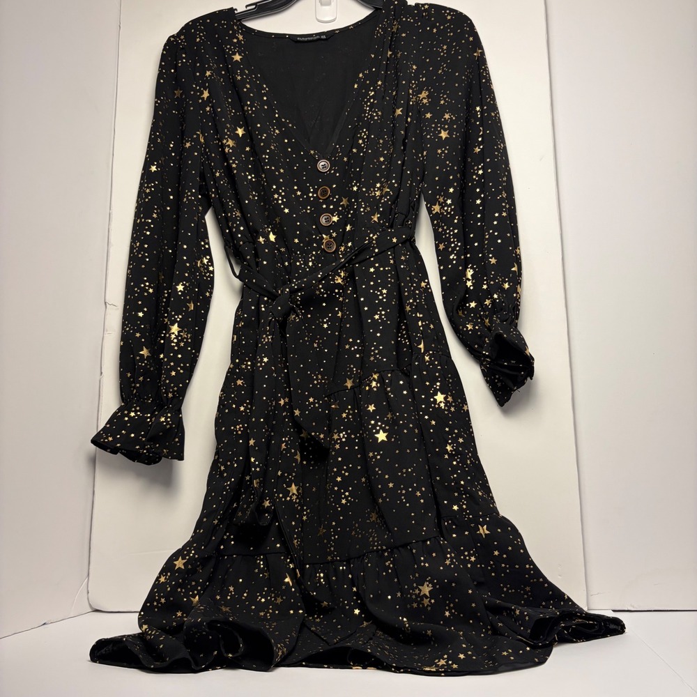 BloomChic Black Gold Foil Star Celestial Tiered Midi Dress Long Sleeve US 10